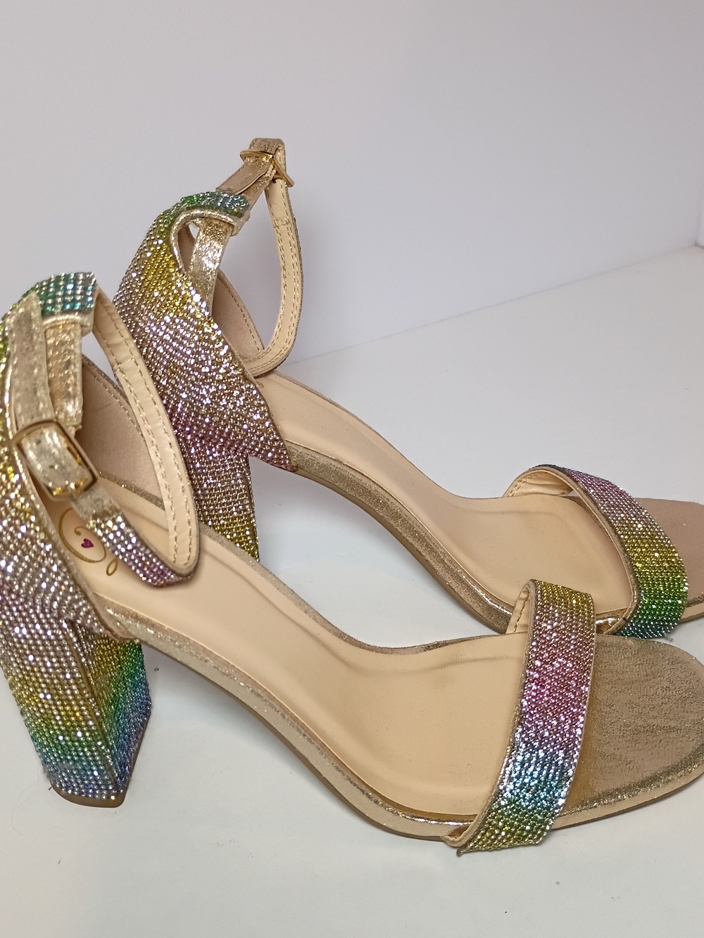 Lily Sequence Block Heels Size 10 Rainbow Rhinestones Ankle Strap